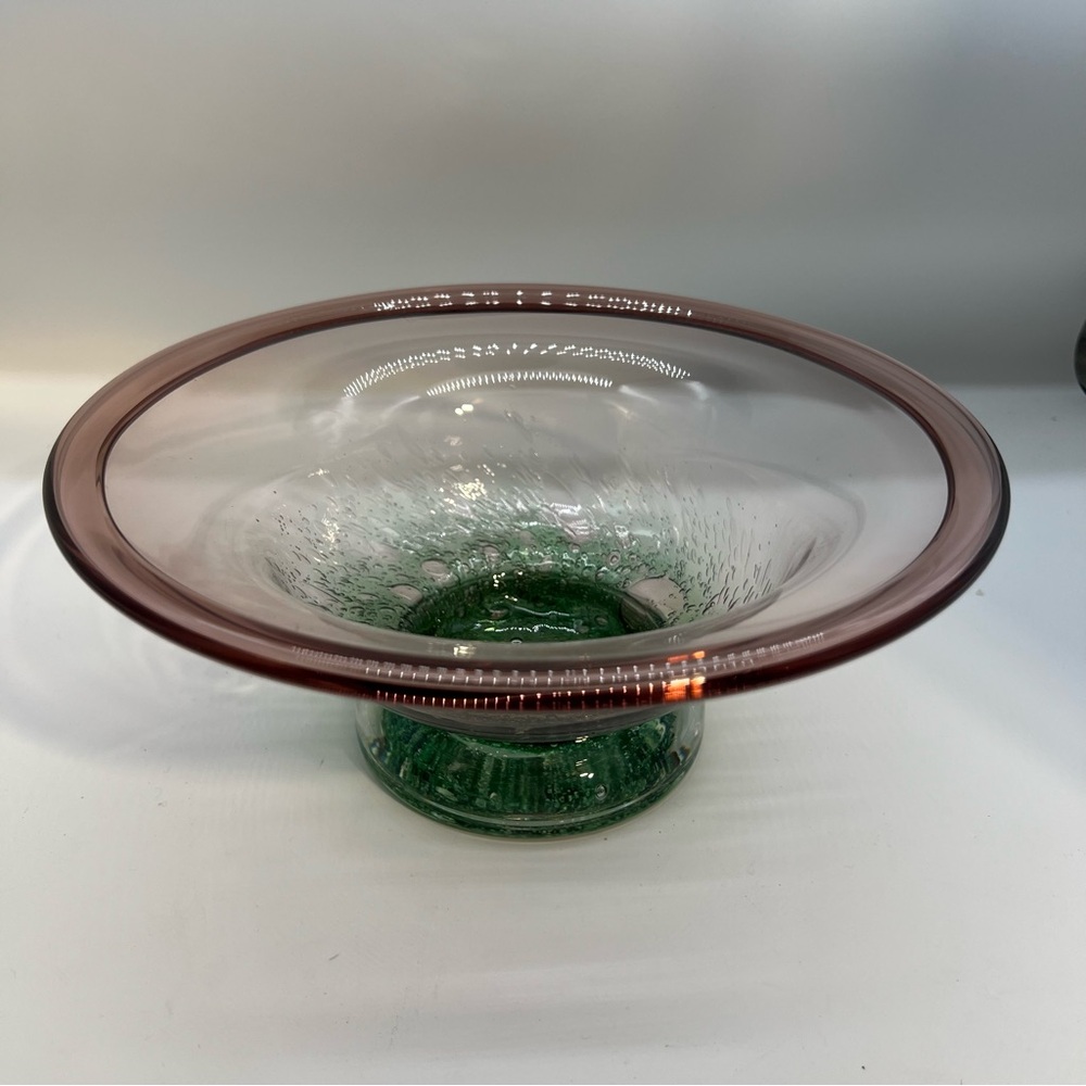Hand blown Elegant Glass Bowl with Green and Pink Accents console bowl 10”